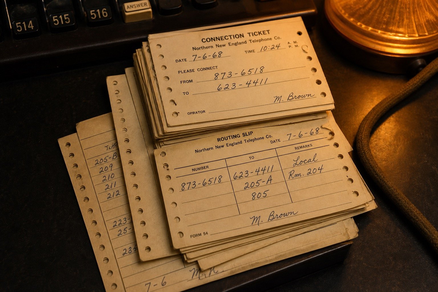 Cream routing slips stacked on bakelite desk